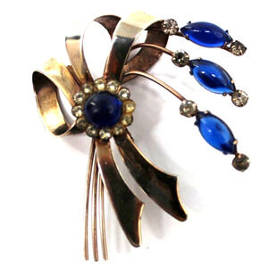 Vintage White Rhinestone Spray Brooch Pin • 1940s • Blue Lucite • Triple Bow